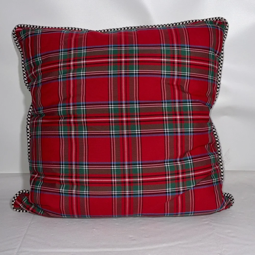 MacKenzie-Childs Tartan Stag Pillow With Courtly Check Piping 18” x 18”